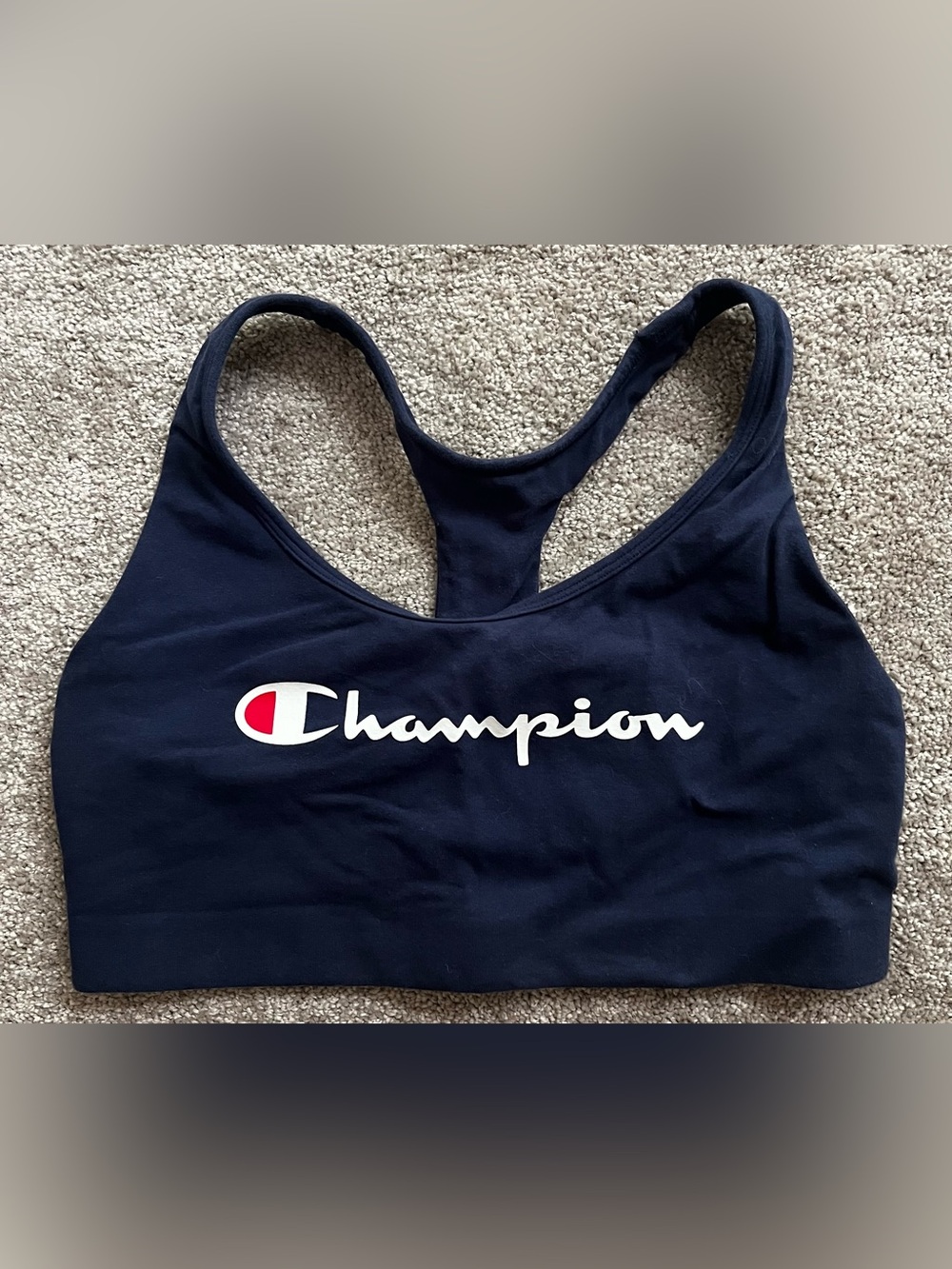 Champion Navy Racerback Sports Bra with White & Red Logo